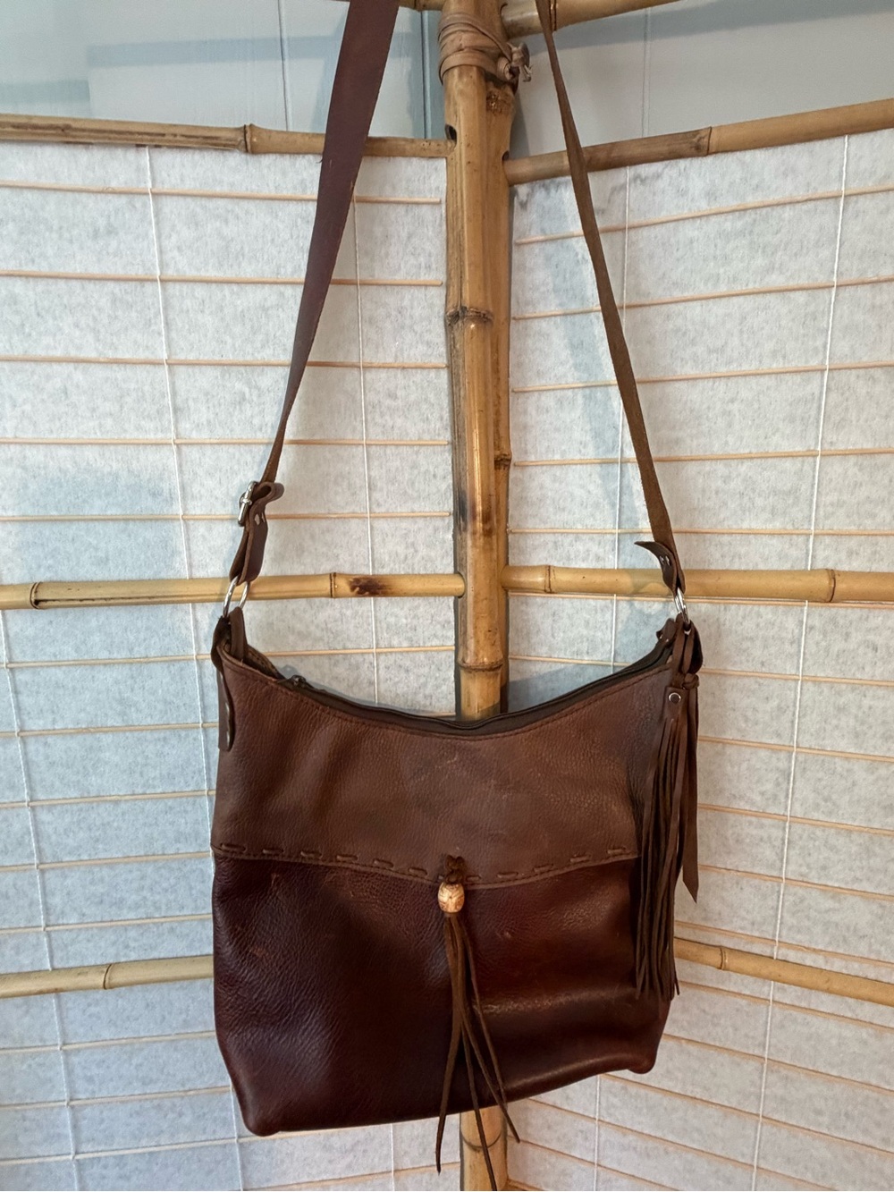Hand Crafted Brown Leather Shoulder Bag with Tassel